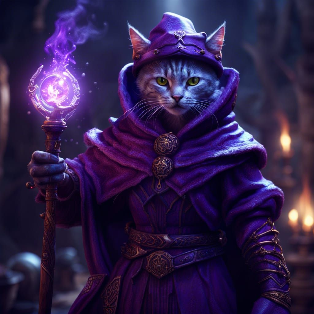 Cat Sorcerer Casting Magic: Detailed Fantasy Art
