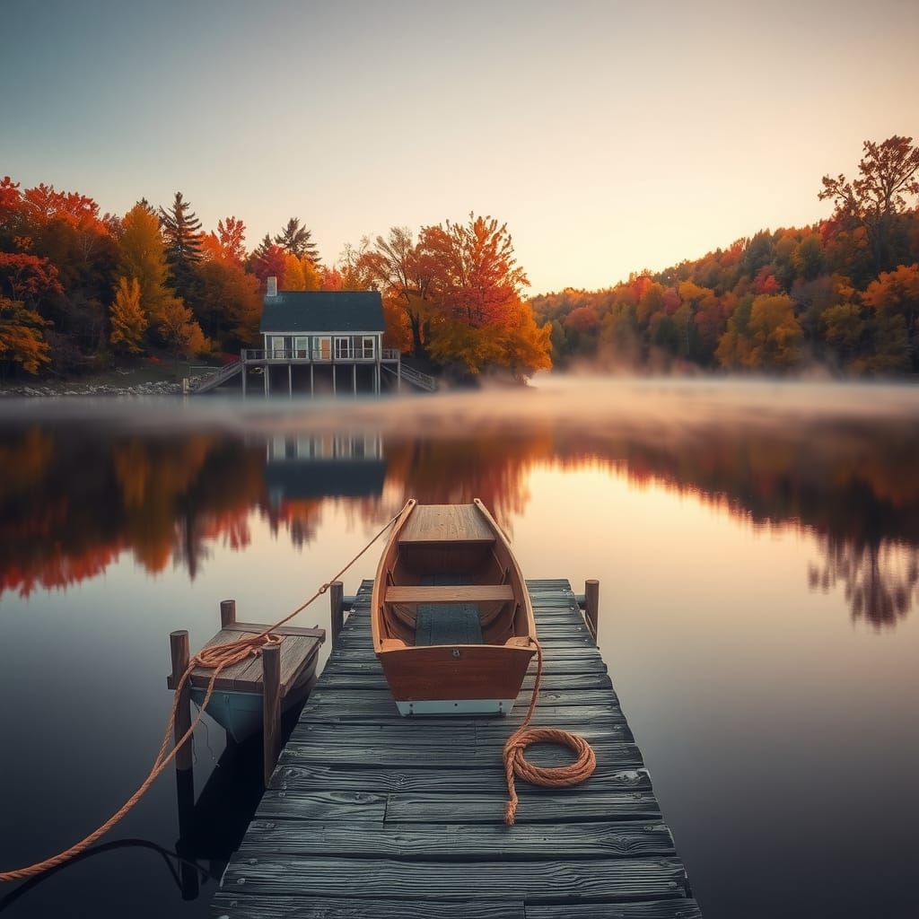 Lakeside Cottage at Sunrise in Autumn Colors