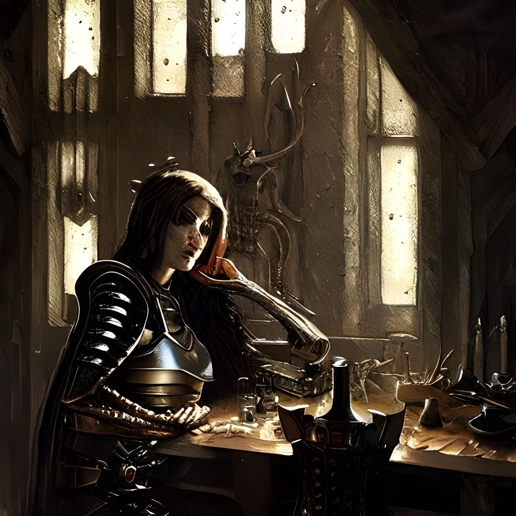 Female Paladin in Tavern, Baroque Oil Painting