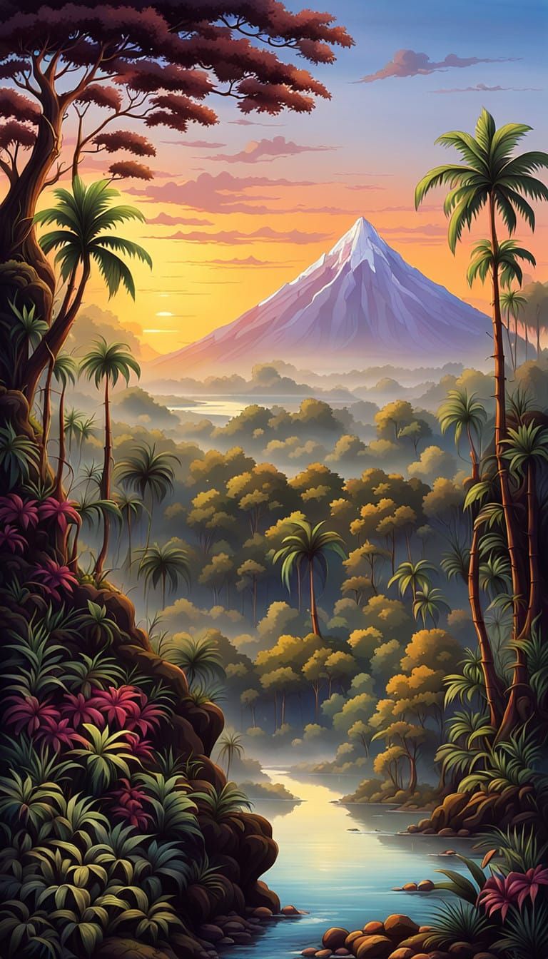 Amazonian Forest Trail Meets Majestic Volcano Landscape