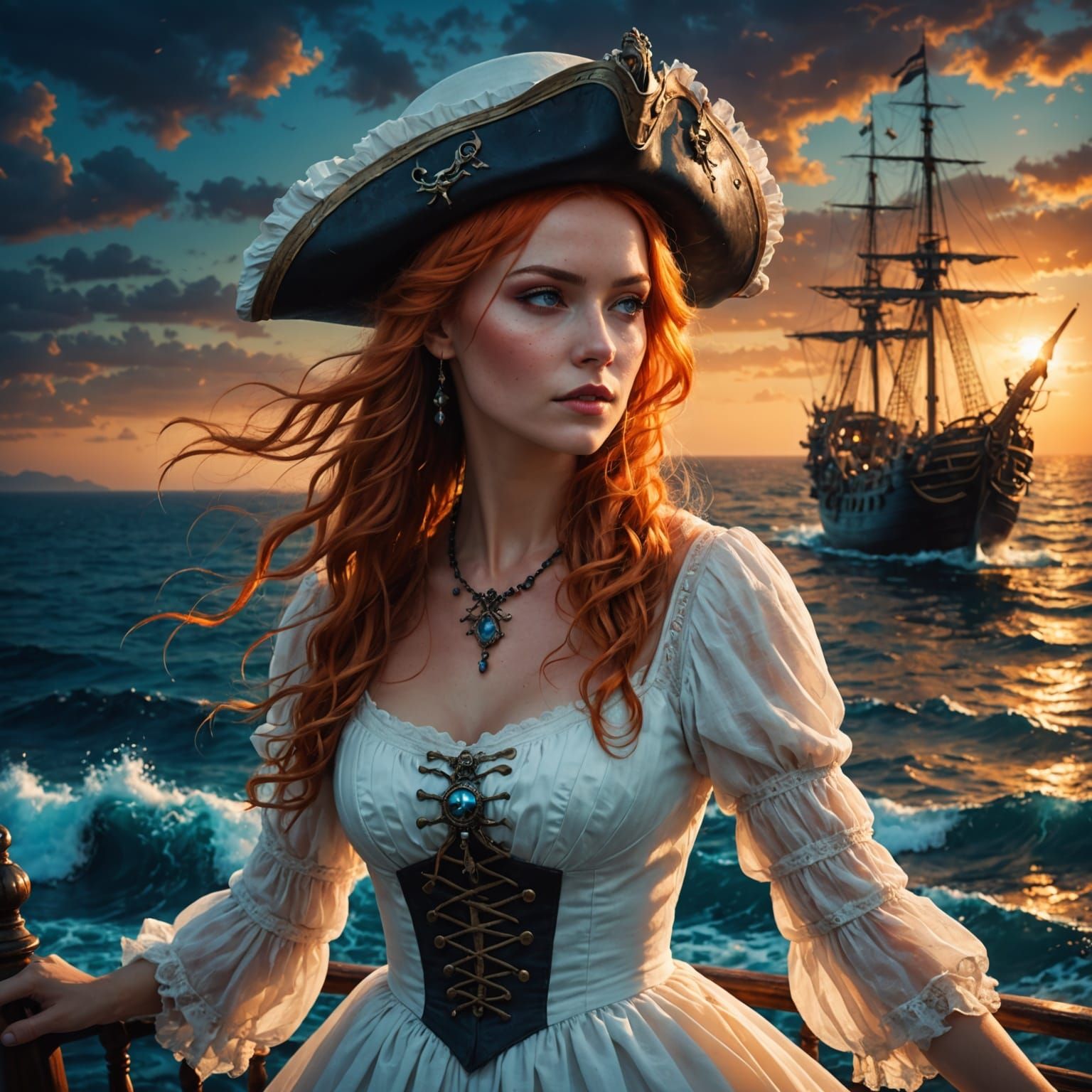 Pirate Ship Under Magical Sunset With Woman in Orange Hair