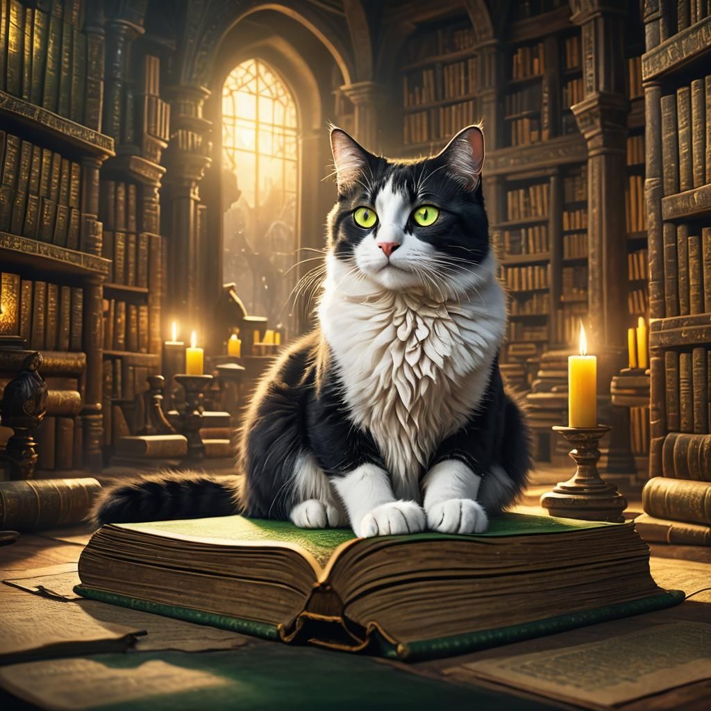 Mystical Cat Reading Ancient Book in Library