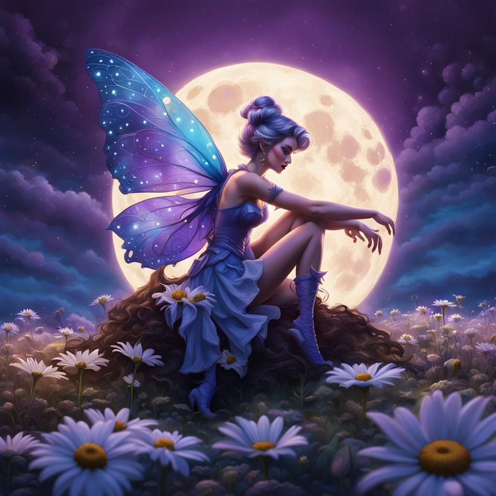 Pin-Up Fairy on Daisy with Moon Above