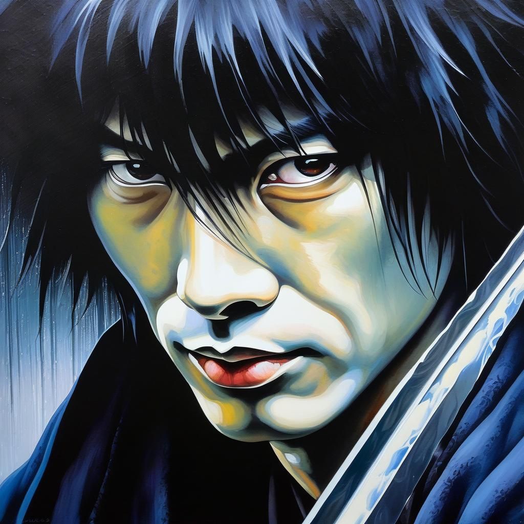 Kenshin Himura Portrait in Misty Graveyard, Oil Gouache