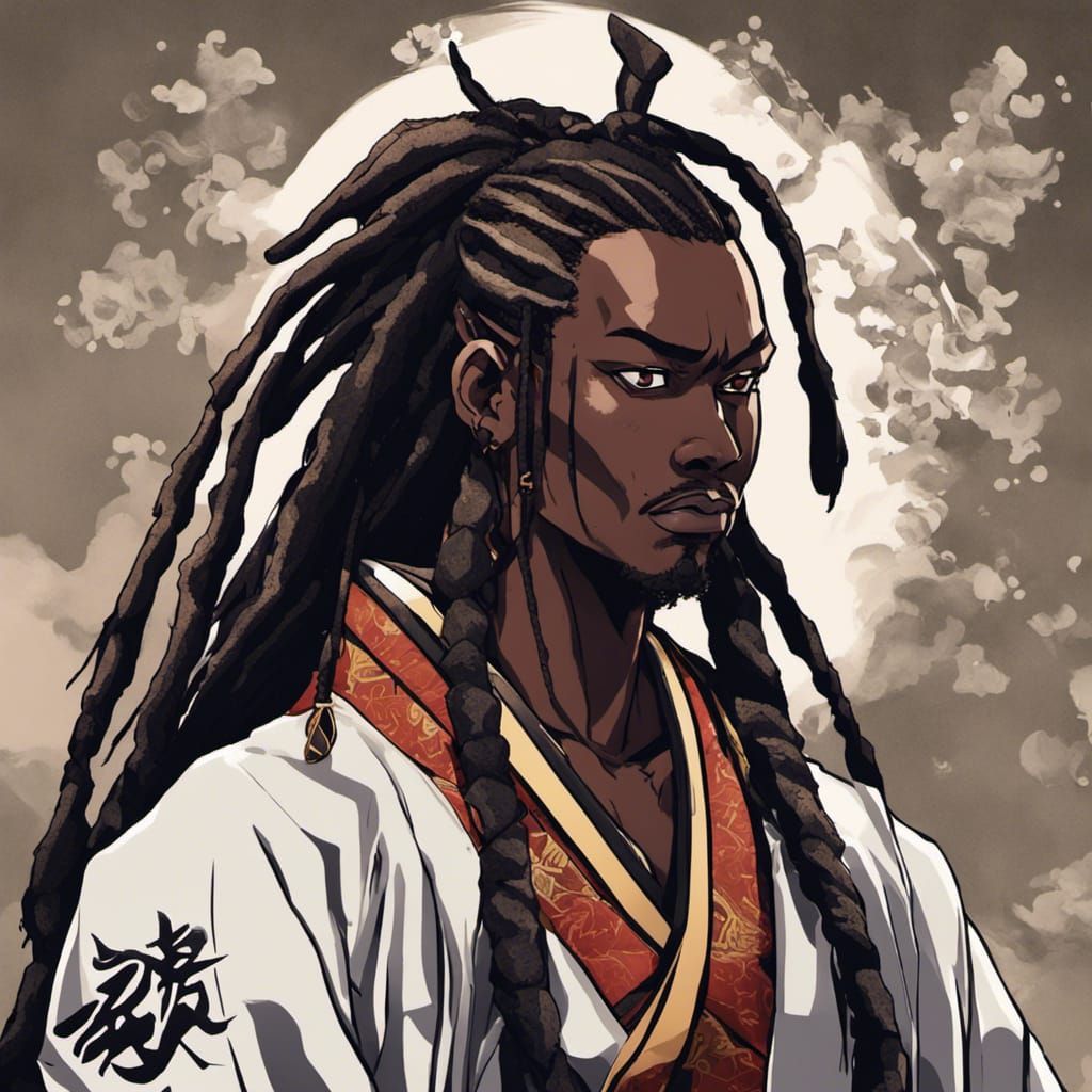 African Samurai with Dreadlocks in Anime Style
