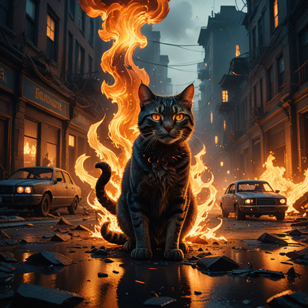 Cyberpunk Cat Ignites Urban Chaos in a Whirlwind of Flame an...