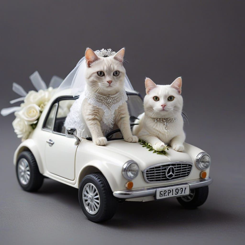Feline Bride and Groom in Miniature Wedding Car