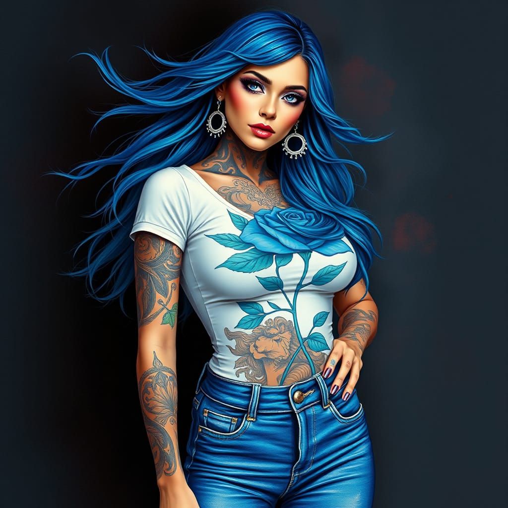 A striking image, a woman, long, flowing hair, featuring blu...