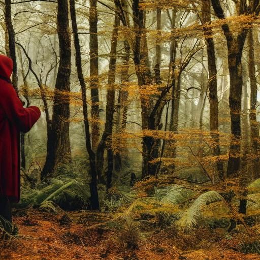 Lone Figure in Crimson and Gold Autumn Forest