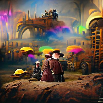 Steampunk Figures in a Strange Land: Detailed Matte Painting