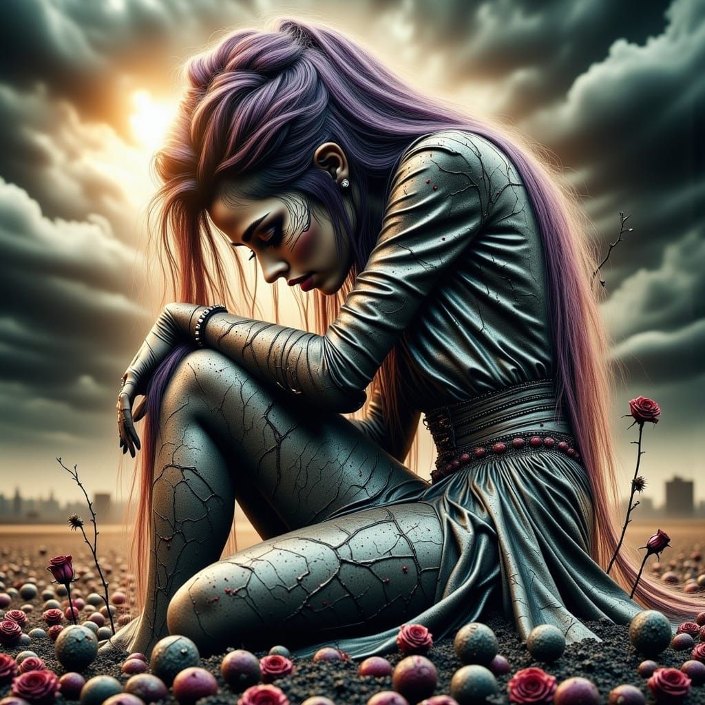 Gothic Woman in Ash with Glowing Kintsugi