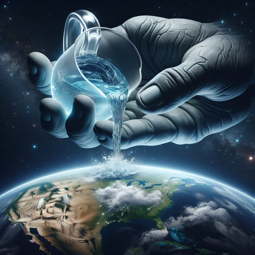 Colossal Hand Pours Water onto Planet Earth