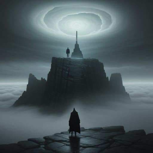 Mystical Figure Contemplates Ancient Runes on Windswept Clif...