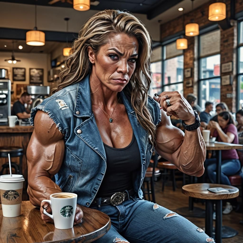 Female Bodybuilder at Coffee Shop: Hyperrealistic HDR Image