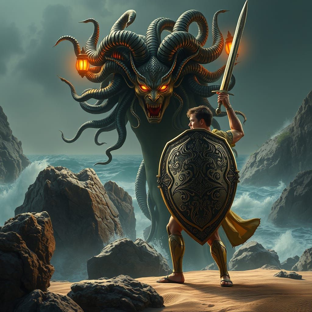 Medusa Battles Perseus in a Hyper-Realistic Greek Myth Scene