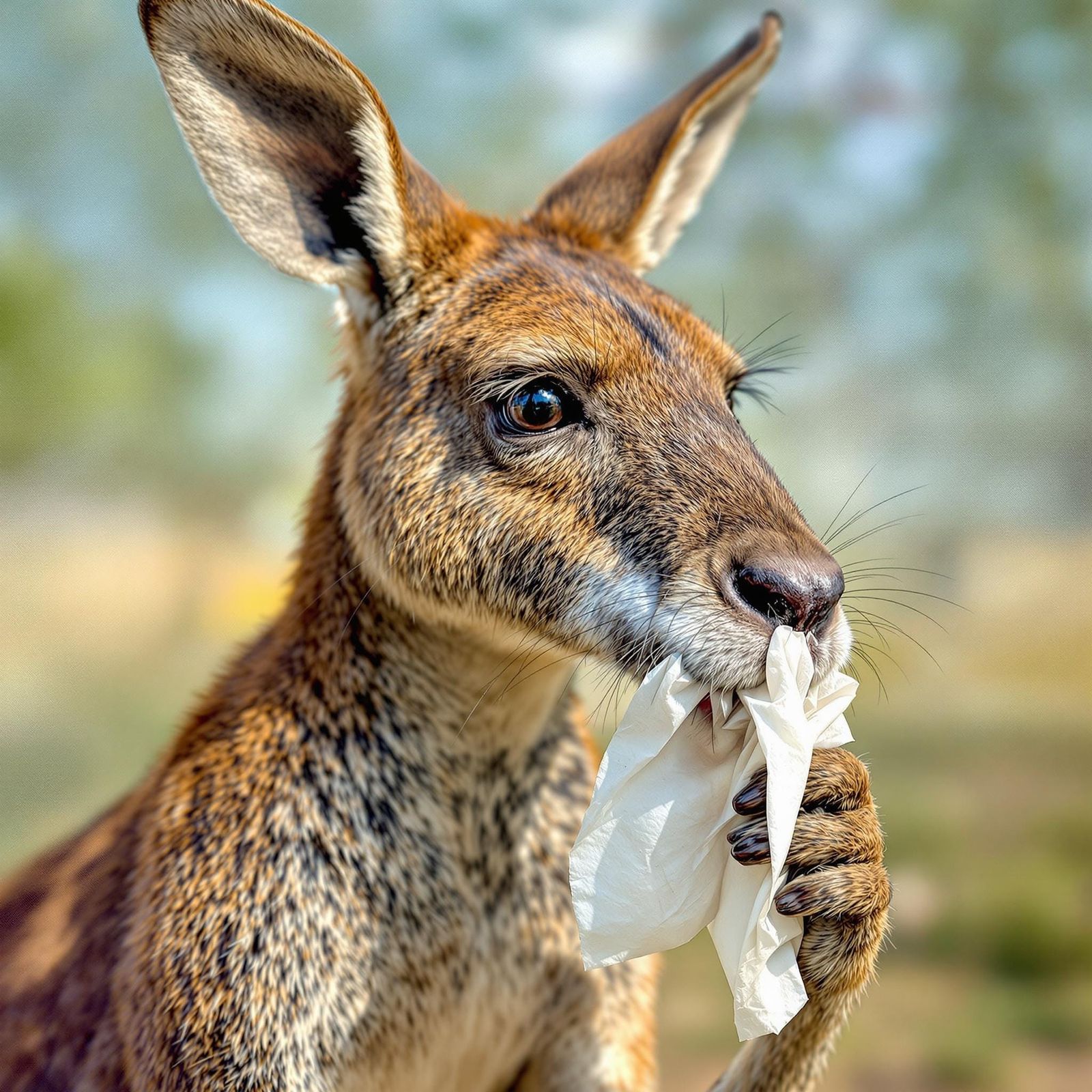 Sickly Kangaroo with Tissue in Hand