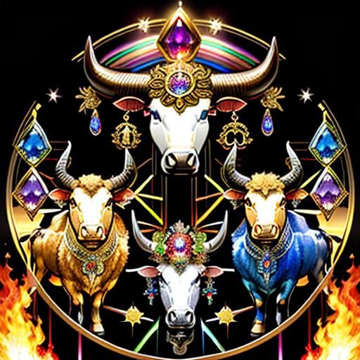 Angelic Rainbow Bull with Fire and Crystals