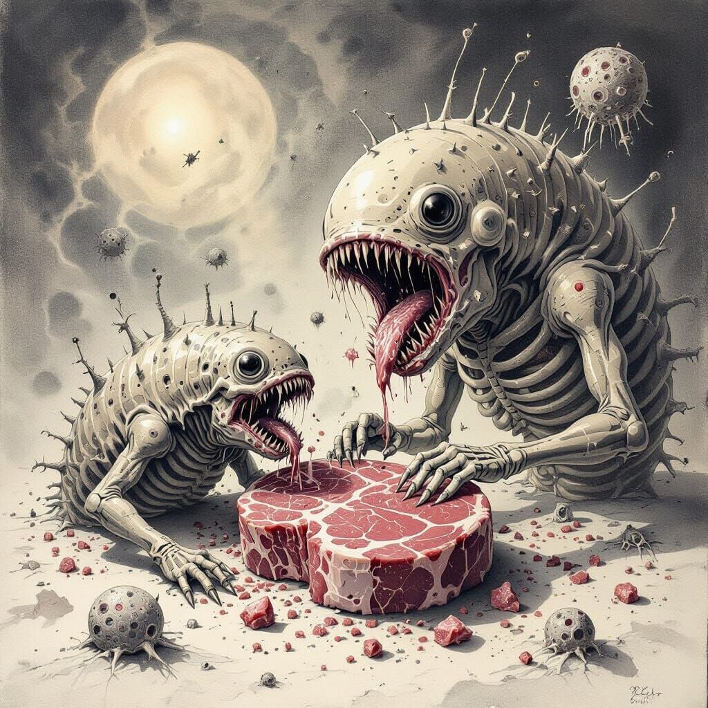 Parasites Feast: Abstract Illustration in Grayscale Tones