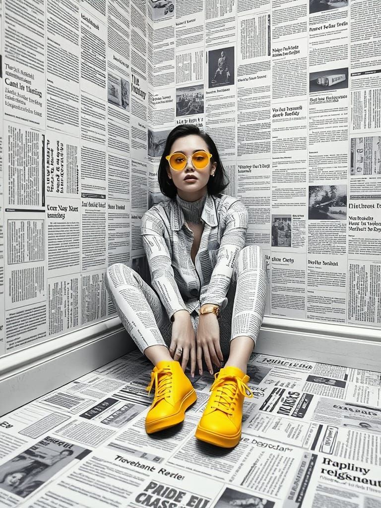 Woman Covered in Newspapers Sits in Corner, Pop Art Contrast