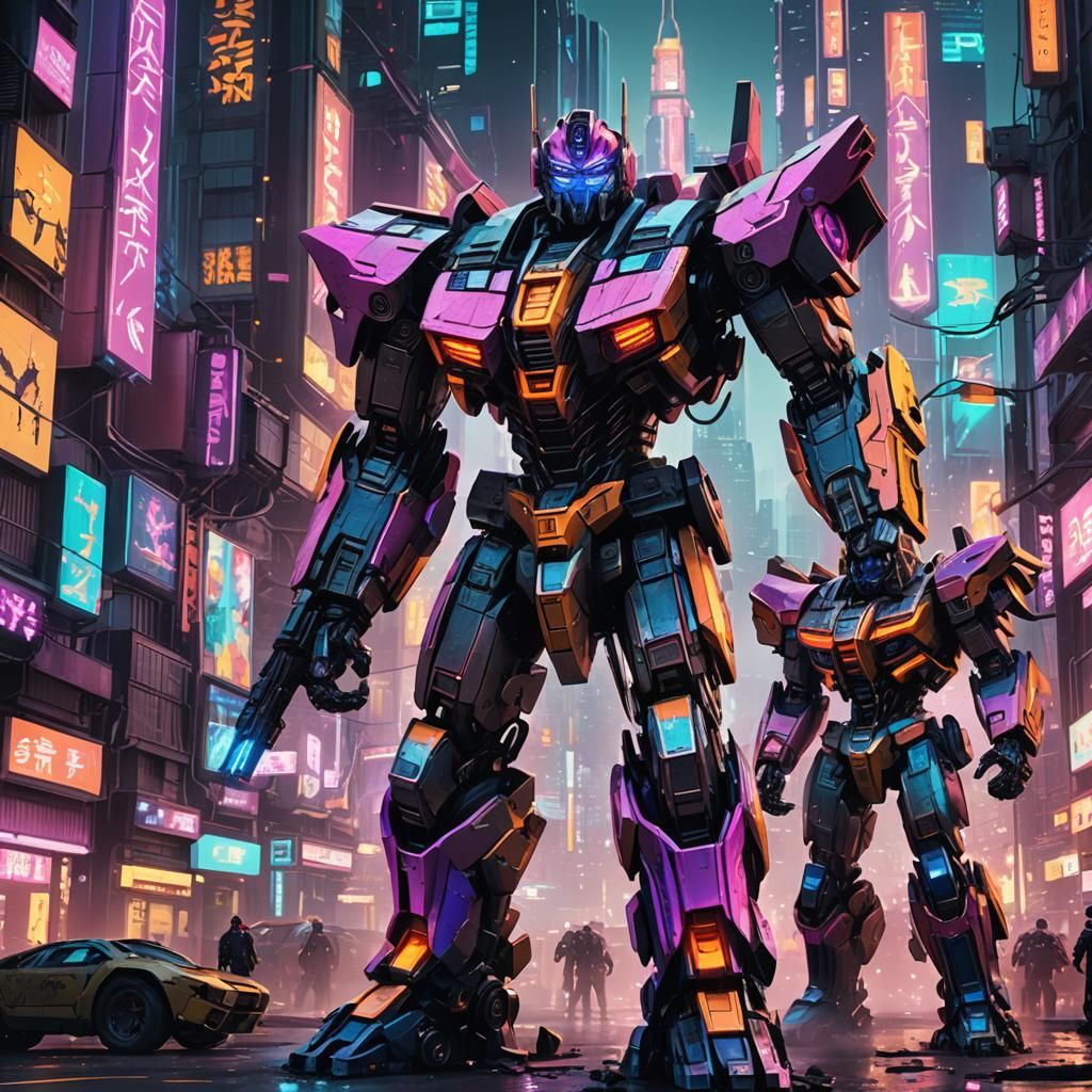 Transformers in Neon Cyberpunk Cityscape Concept Art