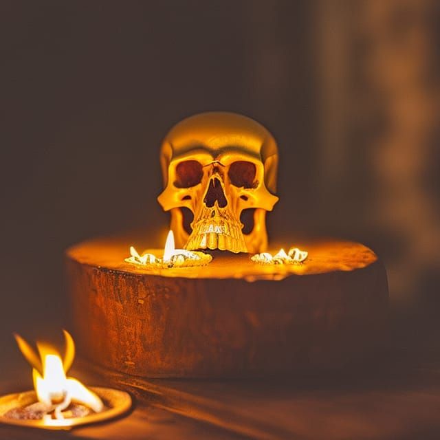 burning skull on an altar