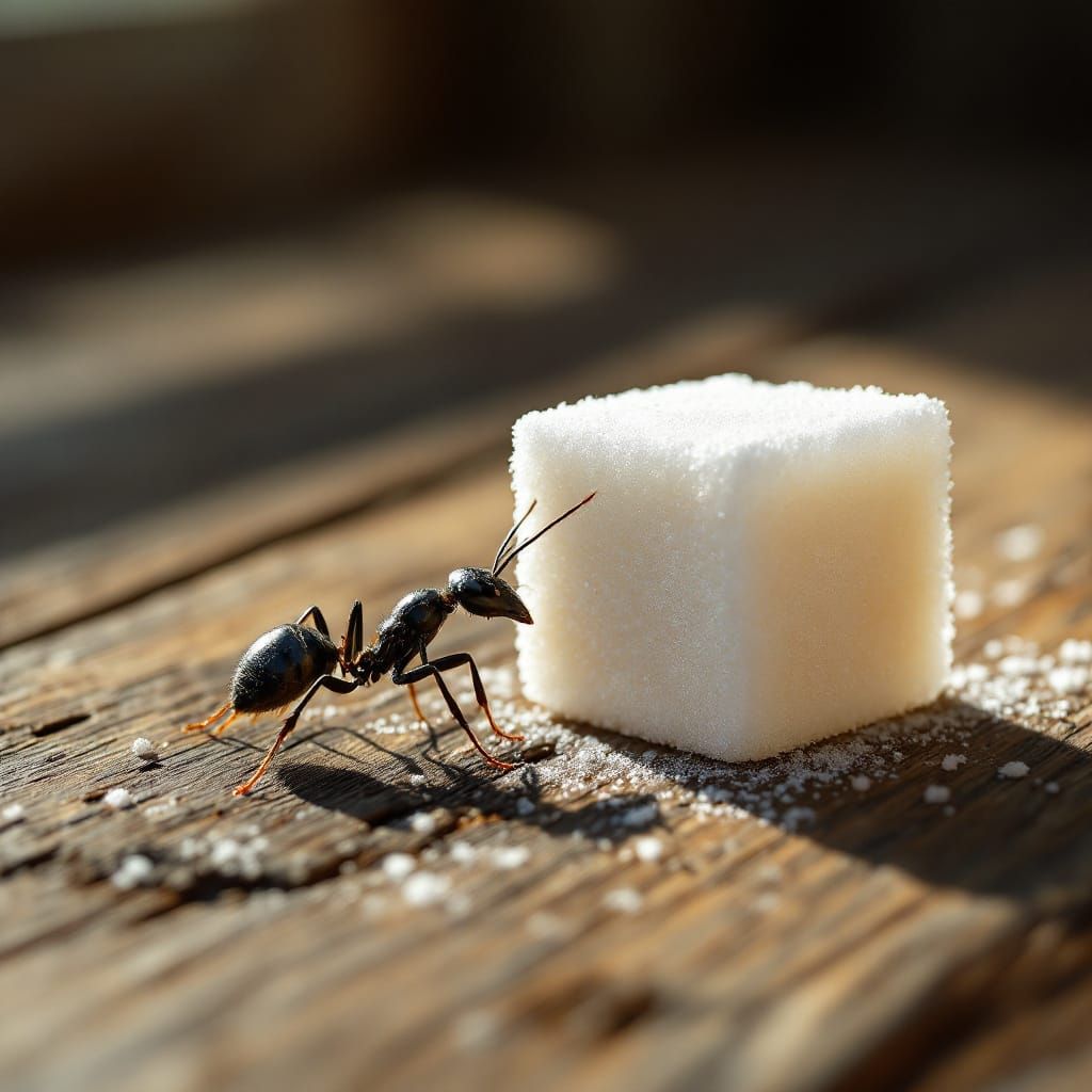 Macro Photo: Ant Struggles With Giant Sugar Cube on Wood