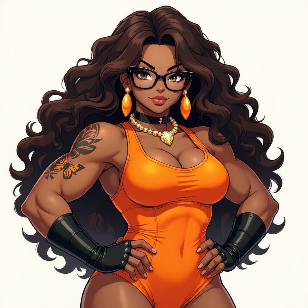 Anime Wrestler: 54yo Black Woman with Curly Hair & Butterfly...