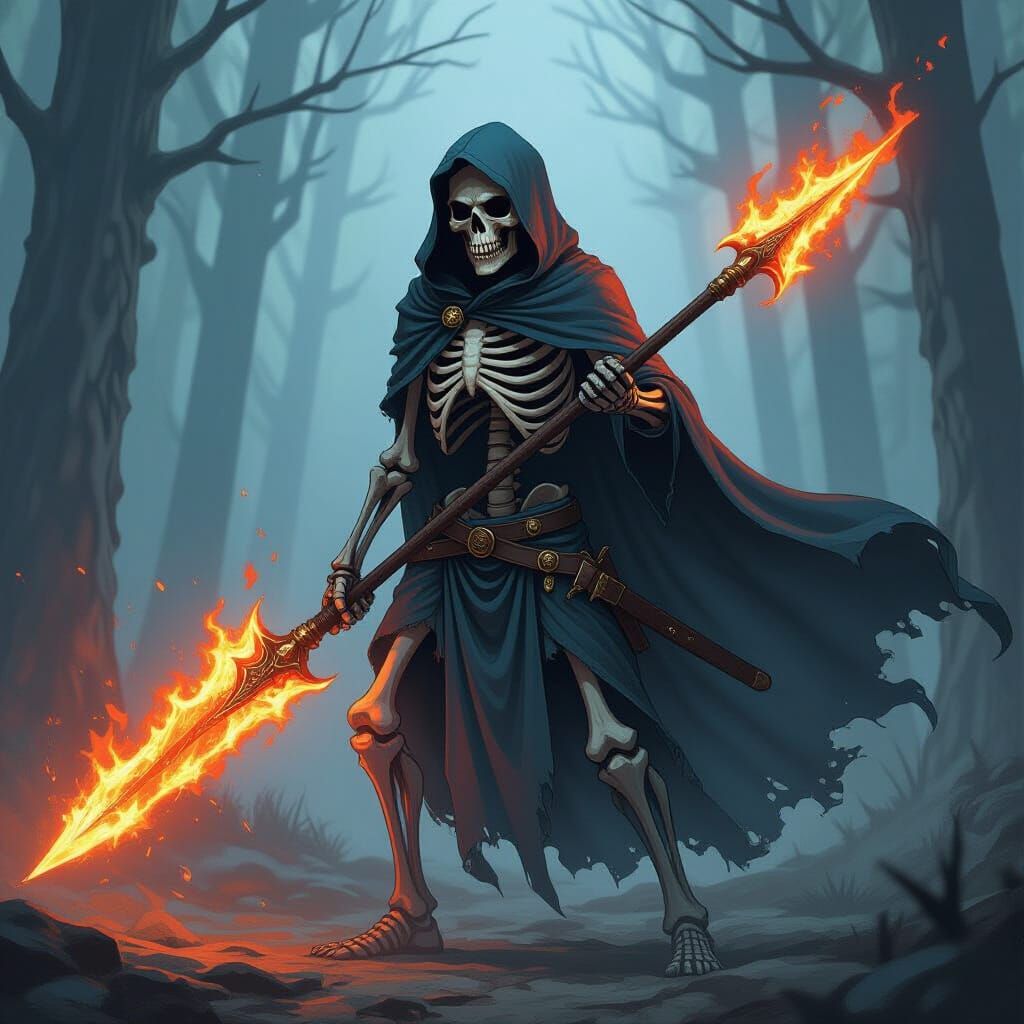 Skeleton Knight with Fiery Blade in Comic Book Style