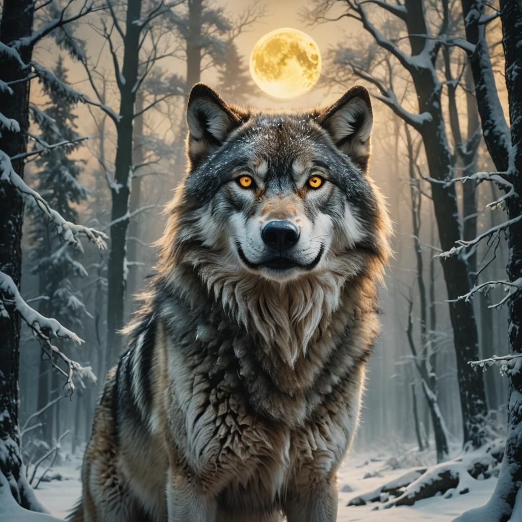 Majestic Wolf Portrait in Mystical Forest, Matte Painting