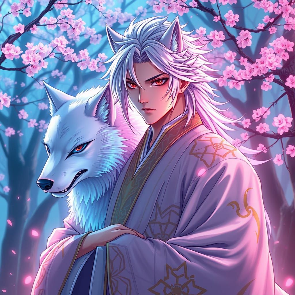 A male Japanese prince with long, flowing, white hair, piercing red eyes, and striking wolf-like features, such as sharp...