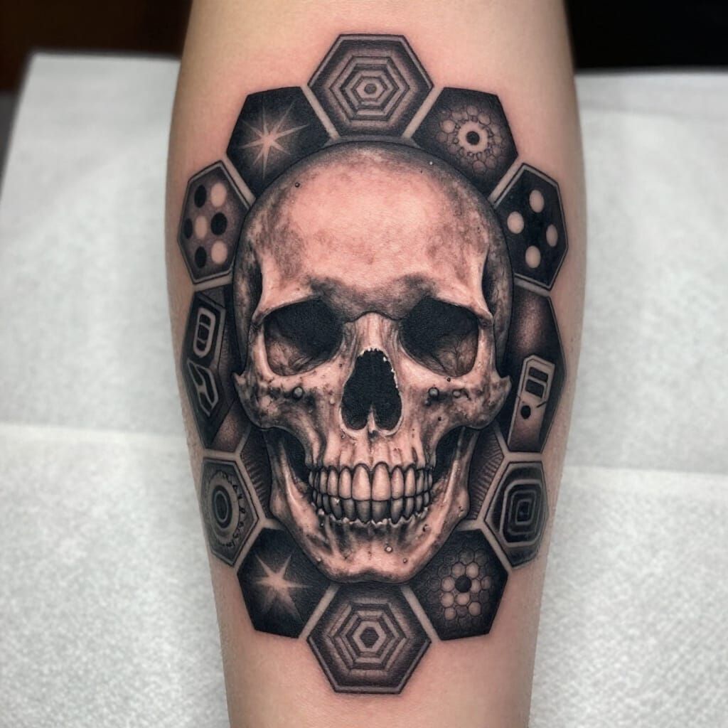 Polka Trash Tattoo Design: Skull, Honeycomb, and Optical Ill...