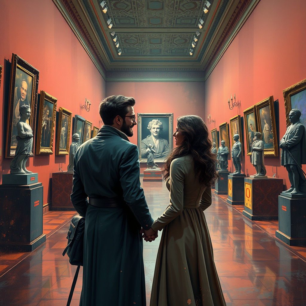 Romantic Couple's Museum Visit: Hyperdetailed Art