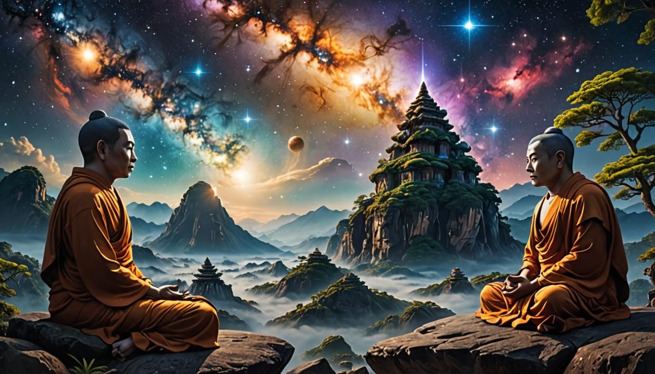 Galactic Prayer: Buddhist Monk Contemplates the Cosmos
