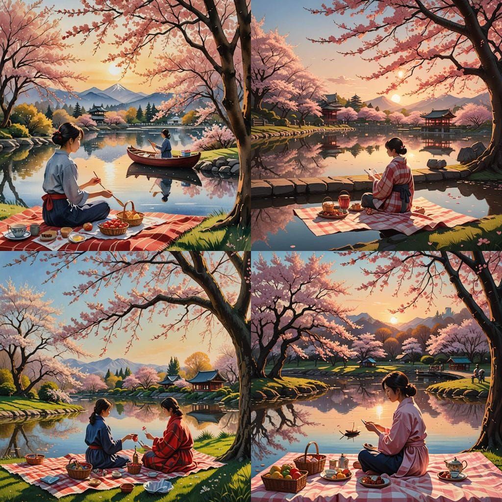 Cherry Blossom Picnic at Sunset by Lake