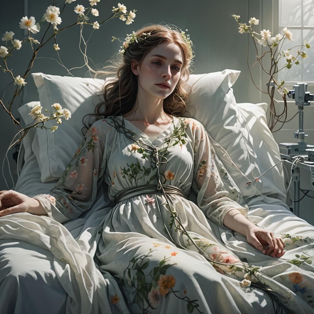 Ethereal Woman in Hospital Bed: Mystical Realism