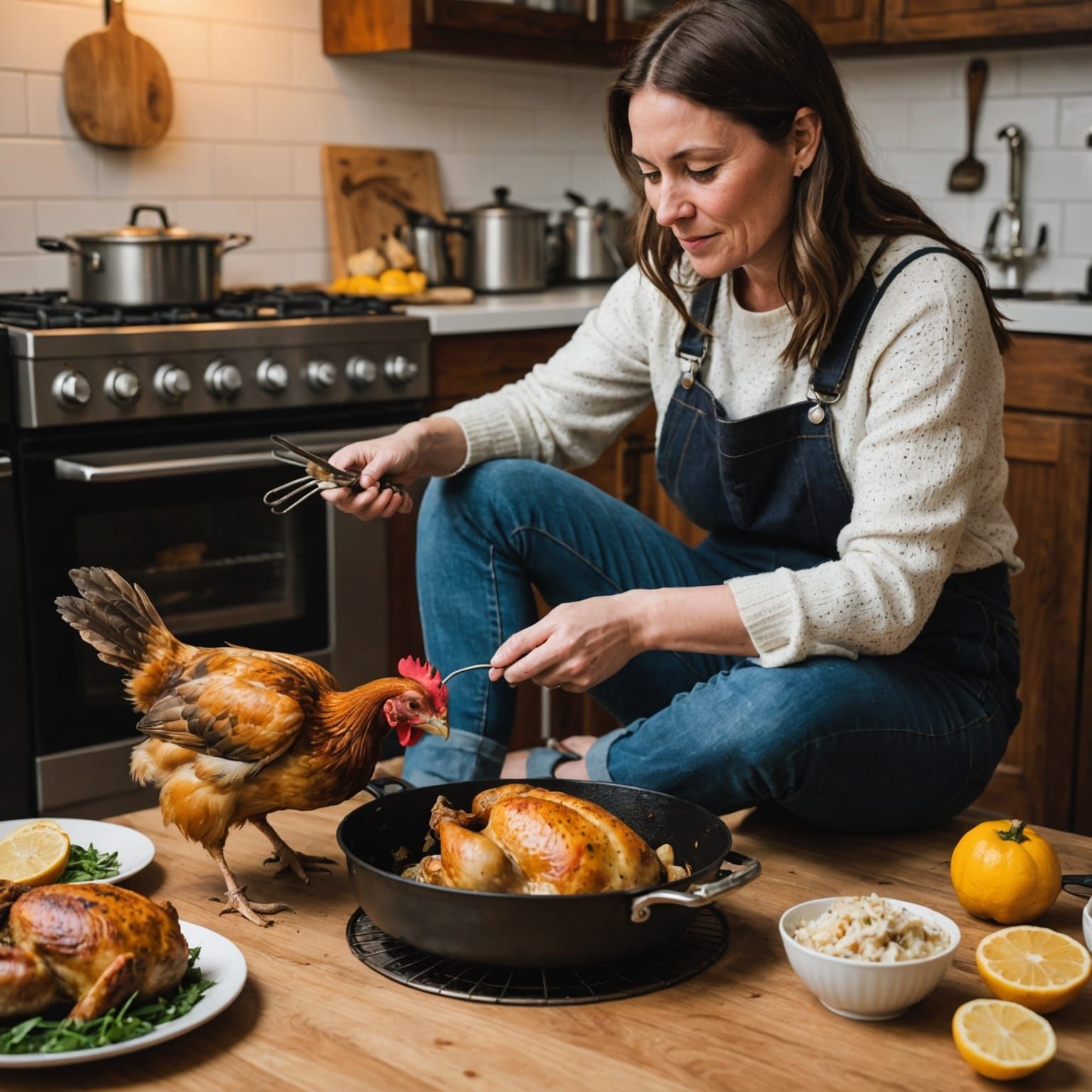 Woman Roasting Chicken with Cat