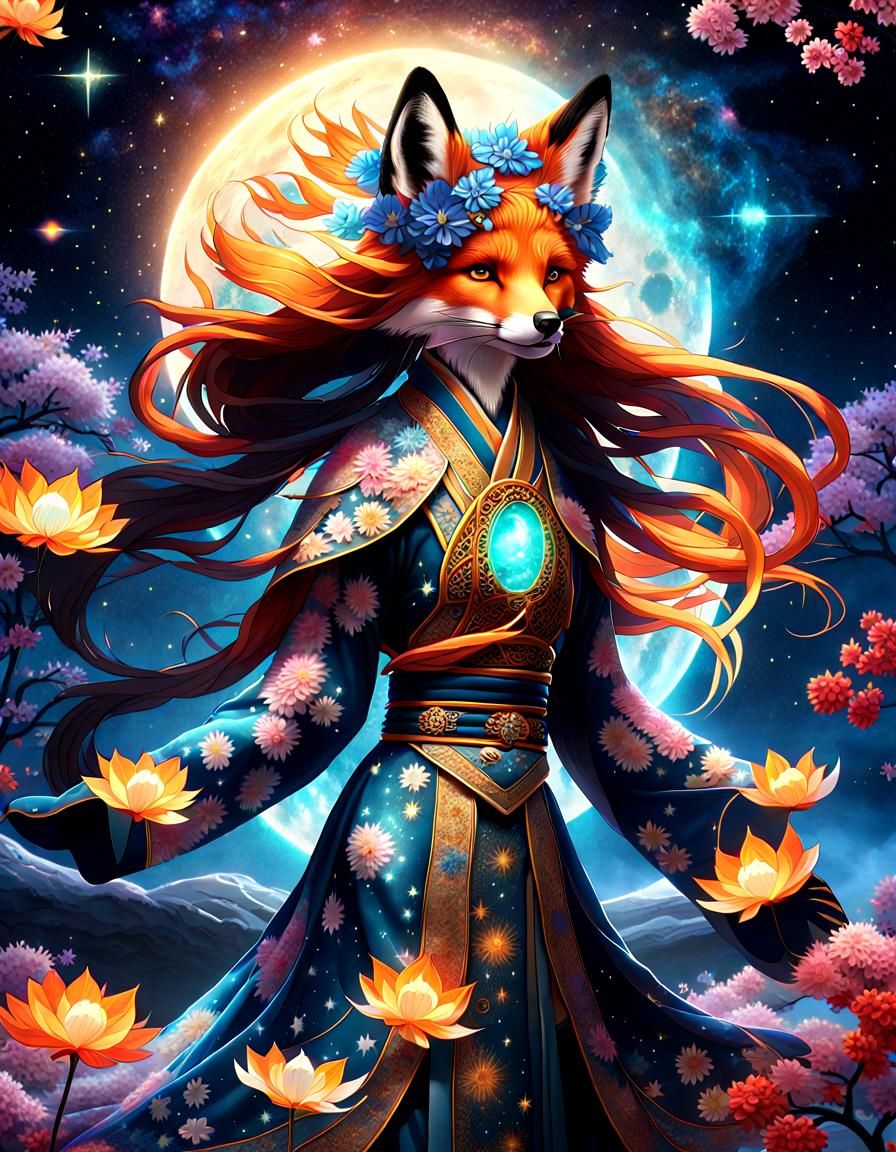 Humanoid Fox Spirit in Starry Night, Cosmic Art
