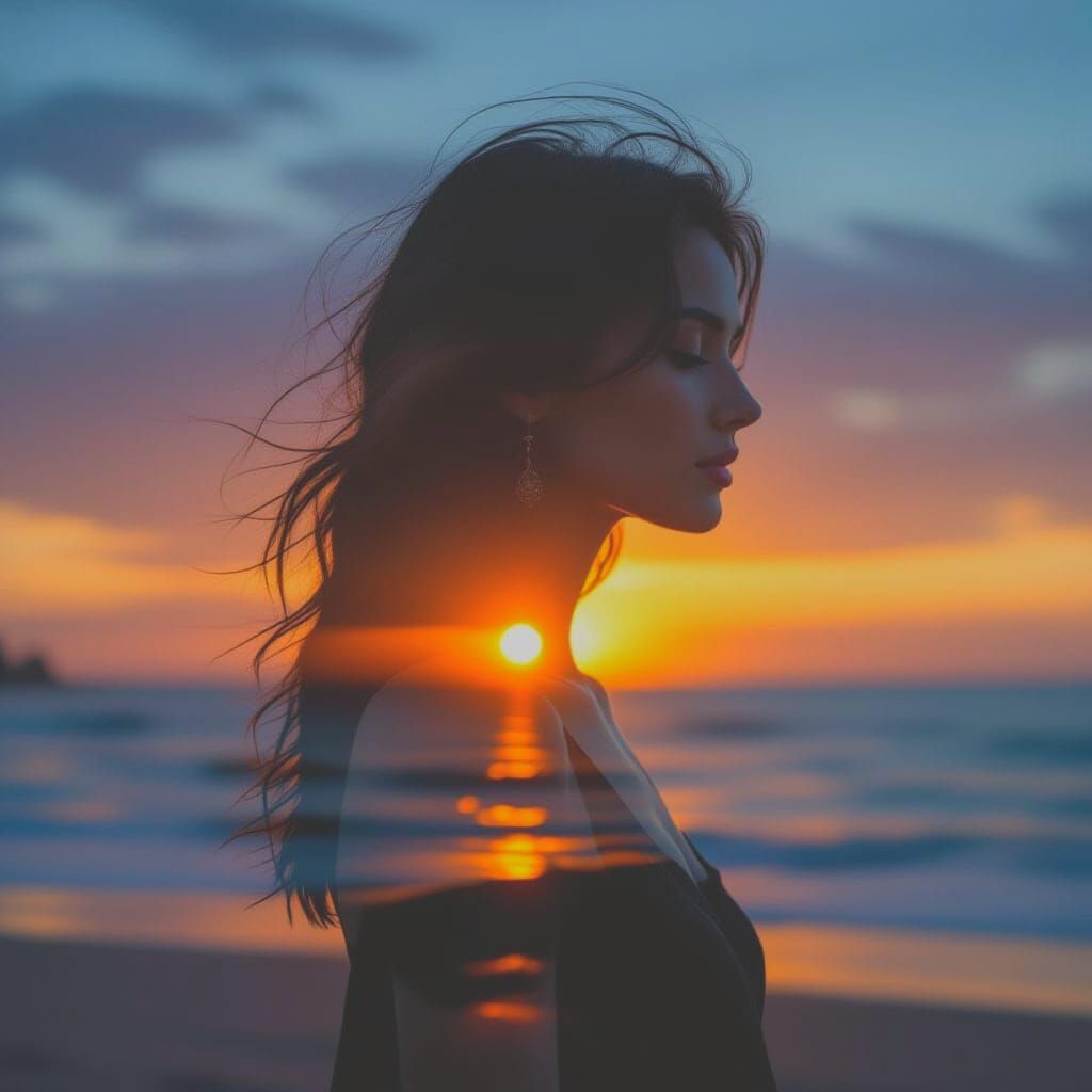 Woman Silhouette Merged with Sunset Beach Double Exposure