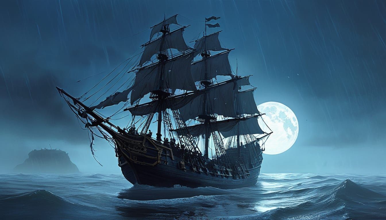 Pirate's Galleon Under Moonlit Seascape