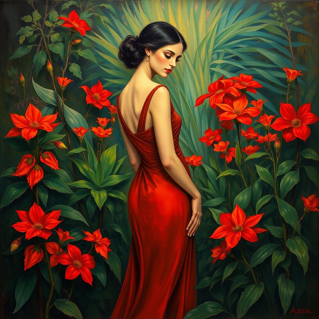 Surrealist Garden Goddess Amidst Verdant Blooms