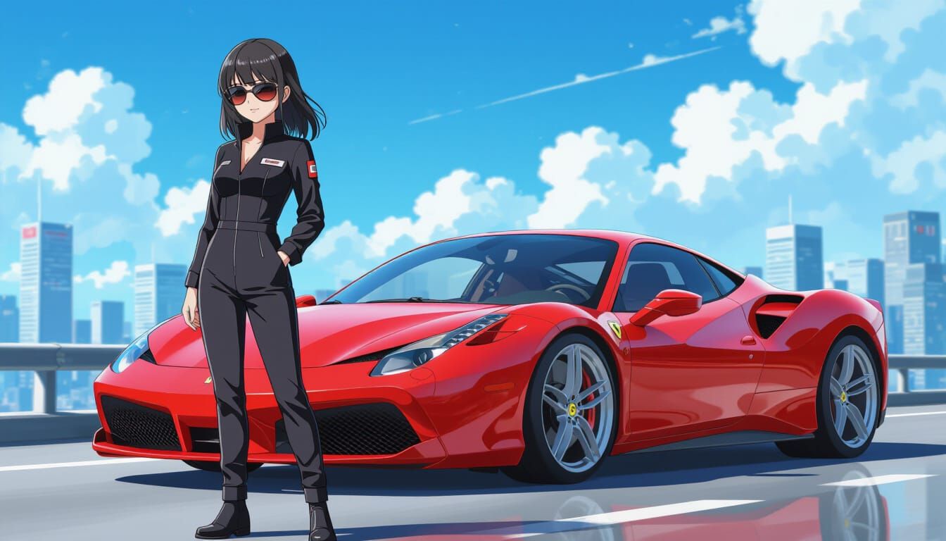 Anime Girl with Ferrari in Futuristic Cityscape