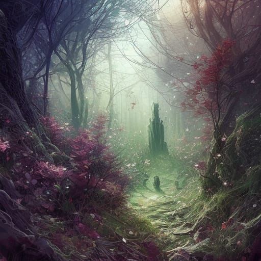 Peaceful Churchyard with Stained Glass Trees