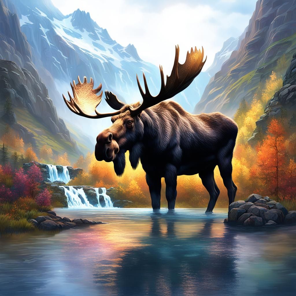 Moose and Waterfall in Dramatic Digital Painting