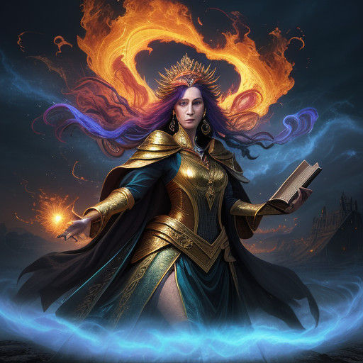 Sorceress Enveloped by Holy Fire Tornado in Vibrant Oil Pain...