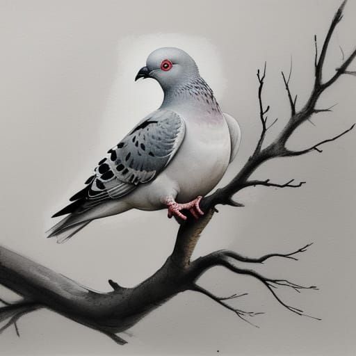 Surreal Childlike Pigeon Portrait in Charcoal and Watercolor