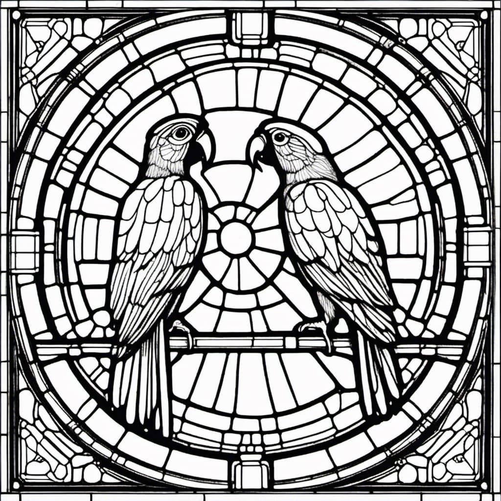 Parrots in Stained Glass Style Line Drawing