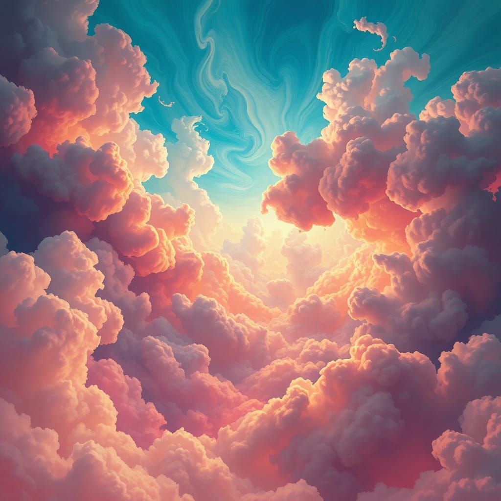 Surreal Dreamscape with Swirling Clouds and Abstract Shapes