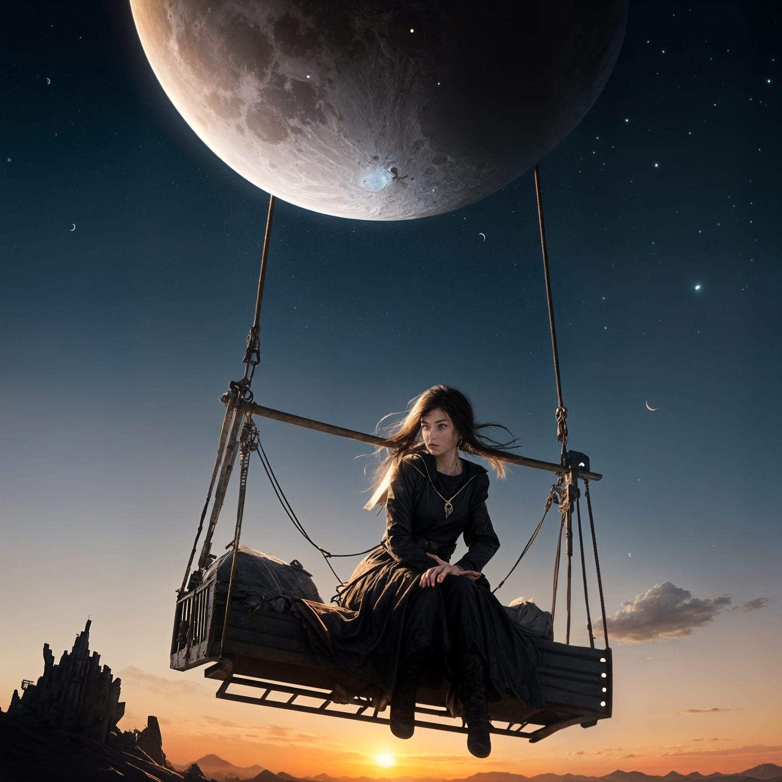 Girl on Crescent Moon Swing in Whimsical Fine Art Style