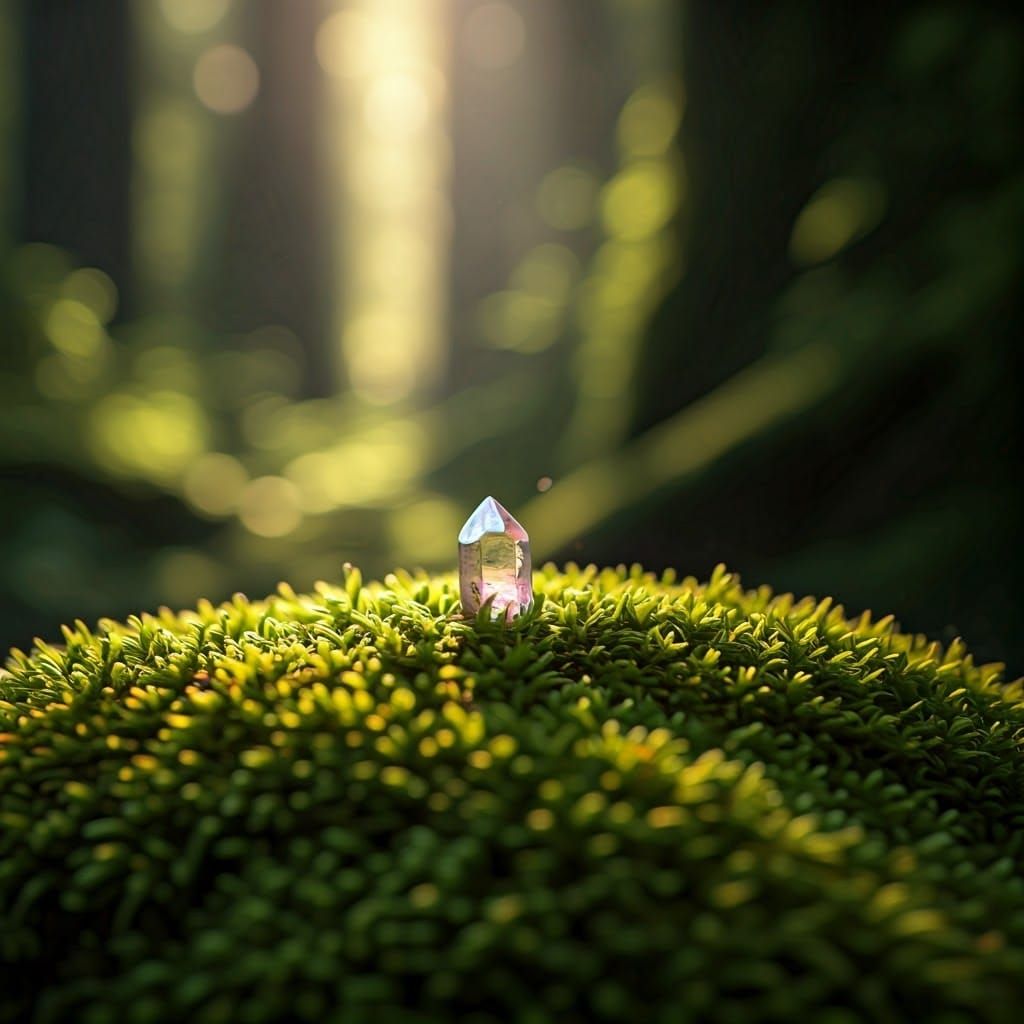 Glimmering Crystal in Emerald Moss Forest, Ethereal Lighting