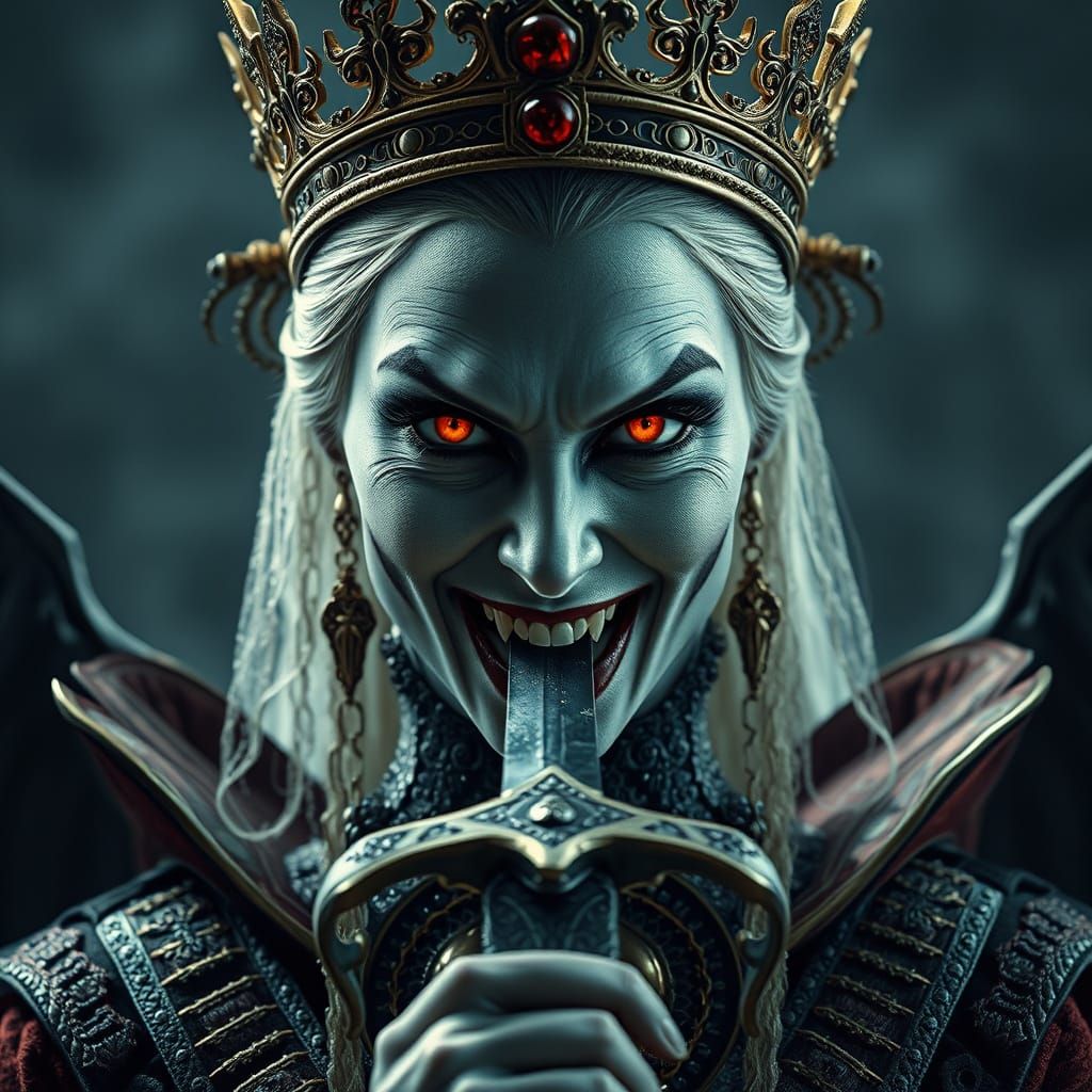 Vampire Queen Portrait with Crown and Orange Eyes